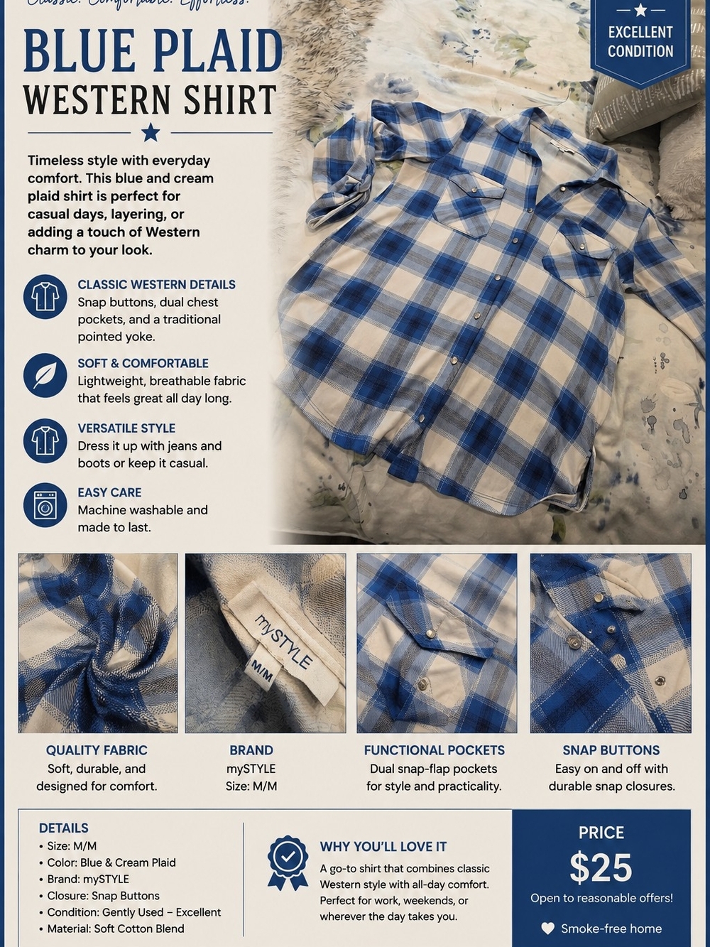Blue and Cream Plaid Western Shirt